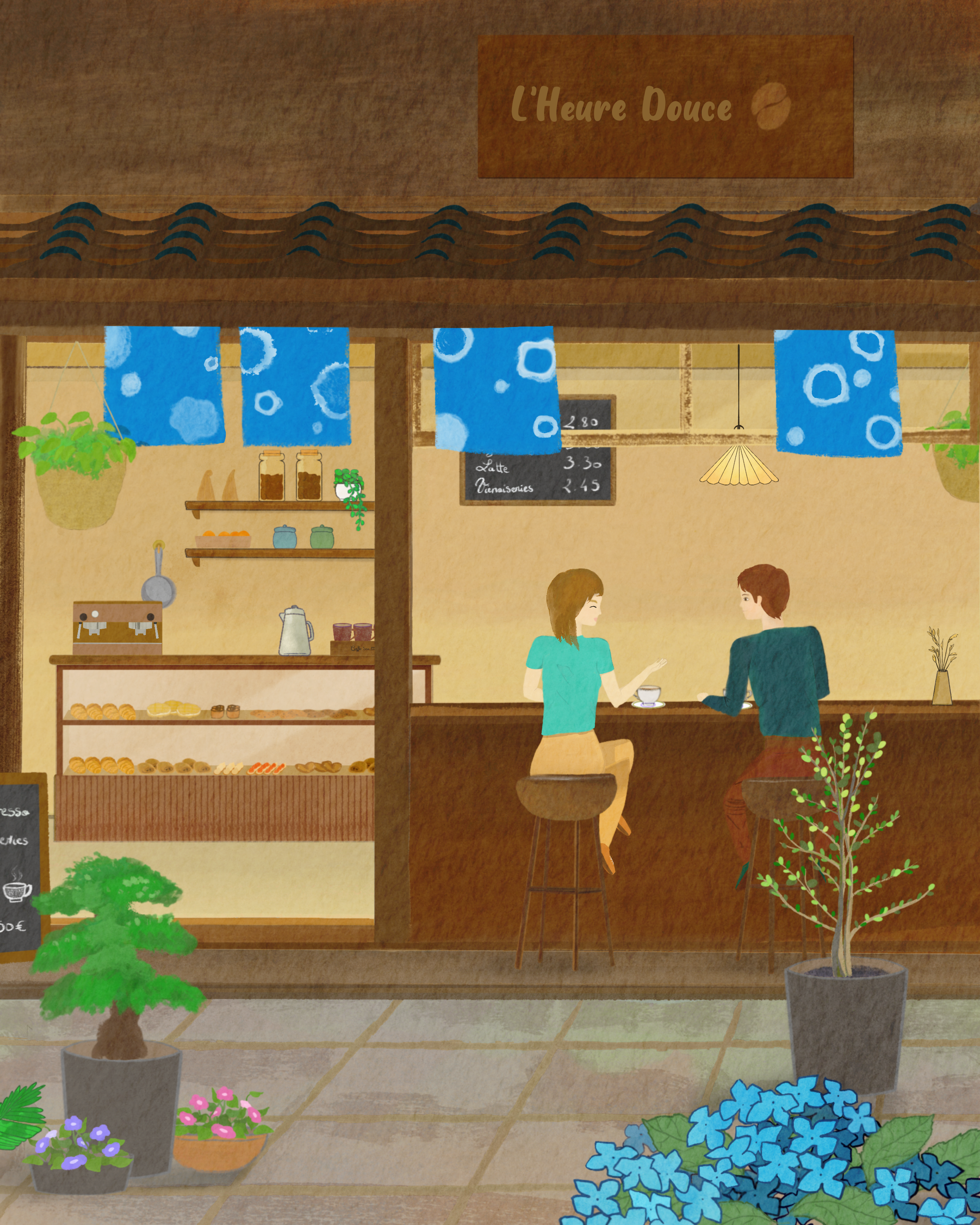 Devanture d'un café-boulangerie mêlant style japonais et français, deux personnages attablés entourés de plantes et fleurs, illustration chaleureuse.