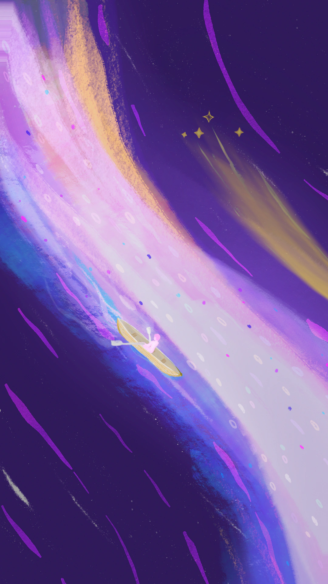 Courant galactique lumineux parcouru de bateaux et d'étoiles.