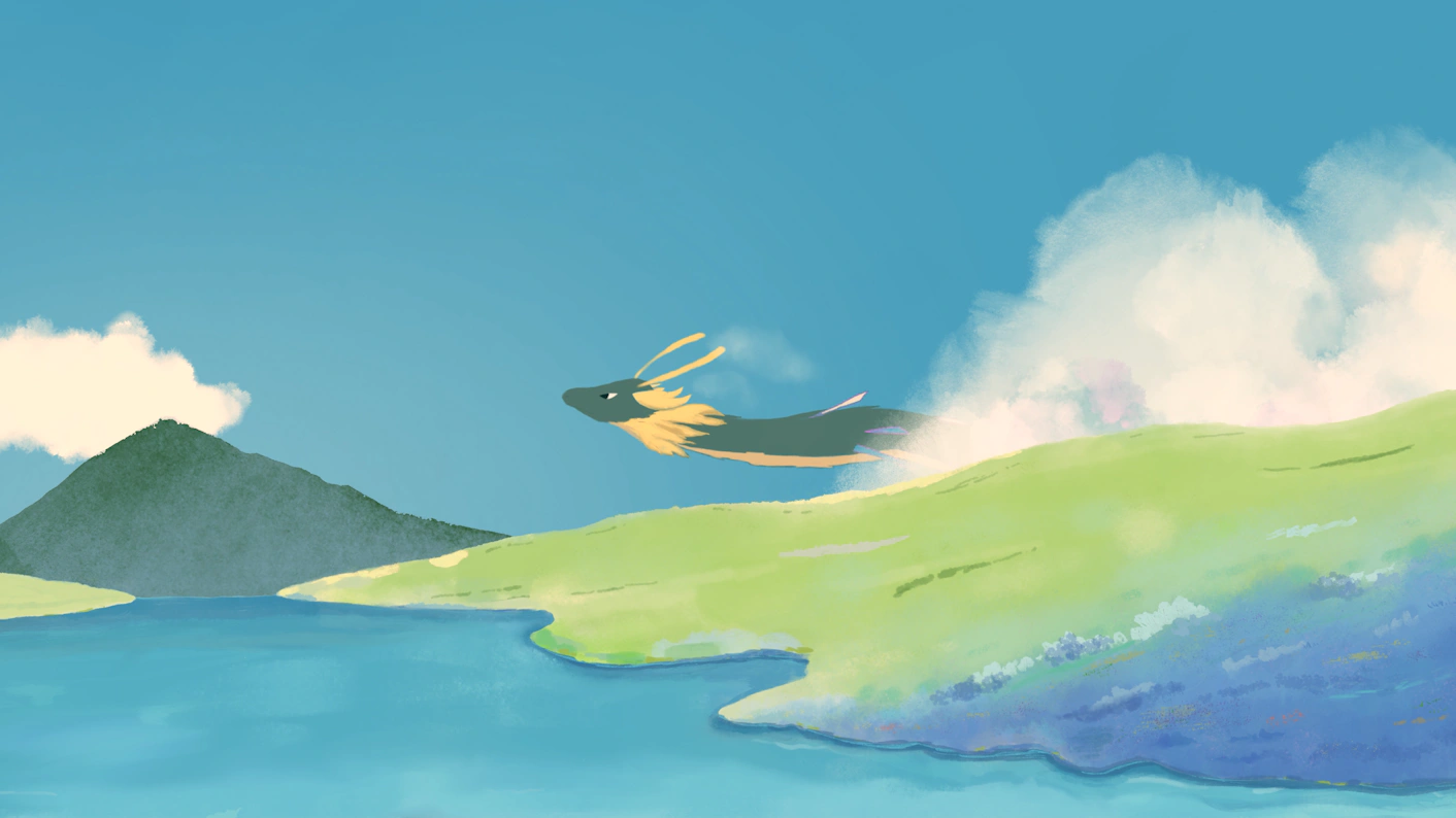 Paysage style ghibli, dragon qui s'envole, prairie et nuages avec un ciel turquoise.