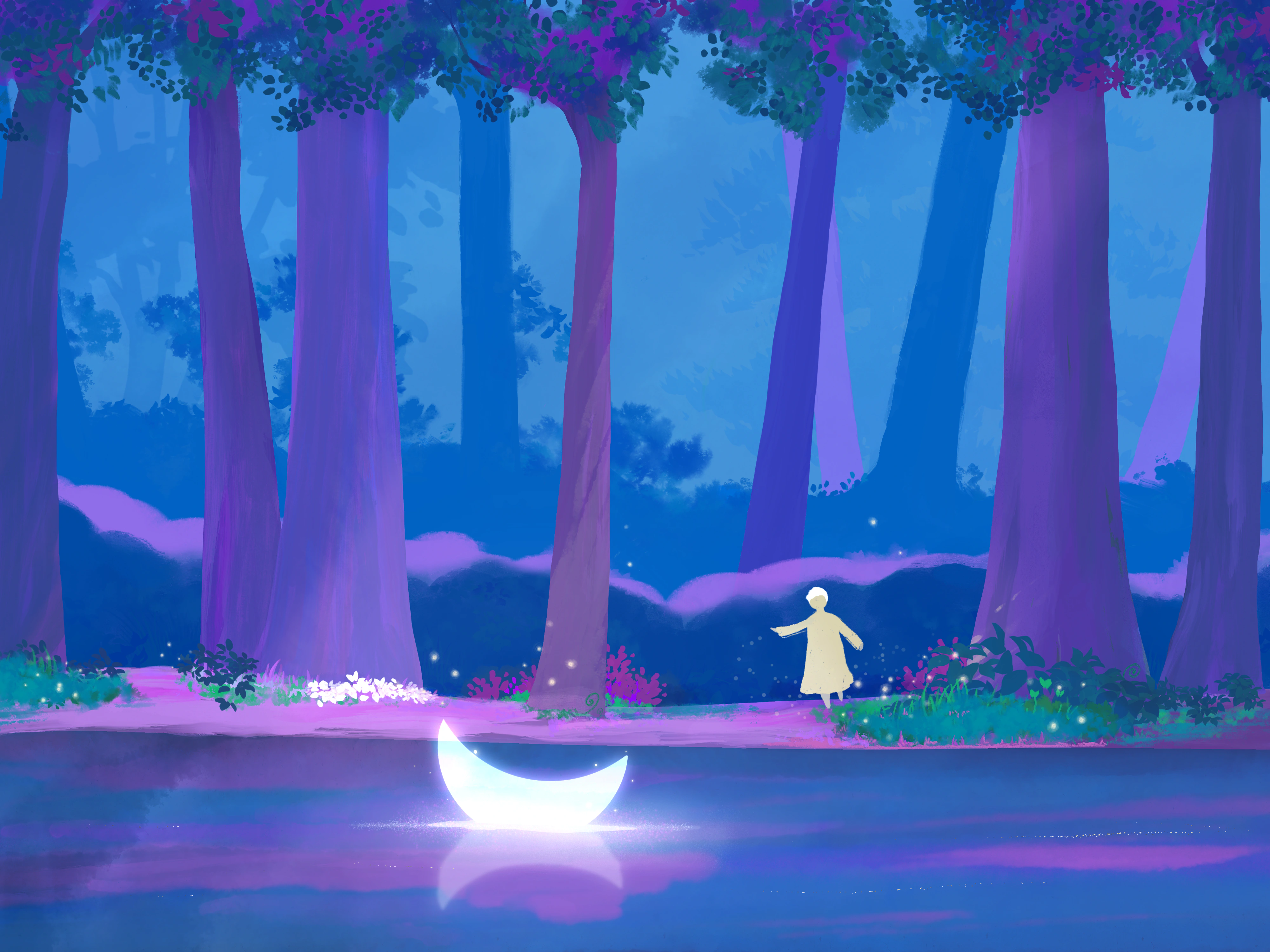 Forêt enchantée avec arbres et végétation luxuriante, et une lune posée sur un lac.