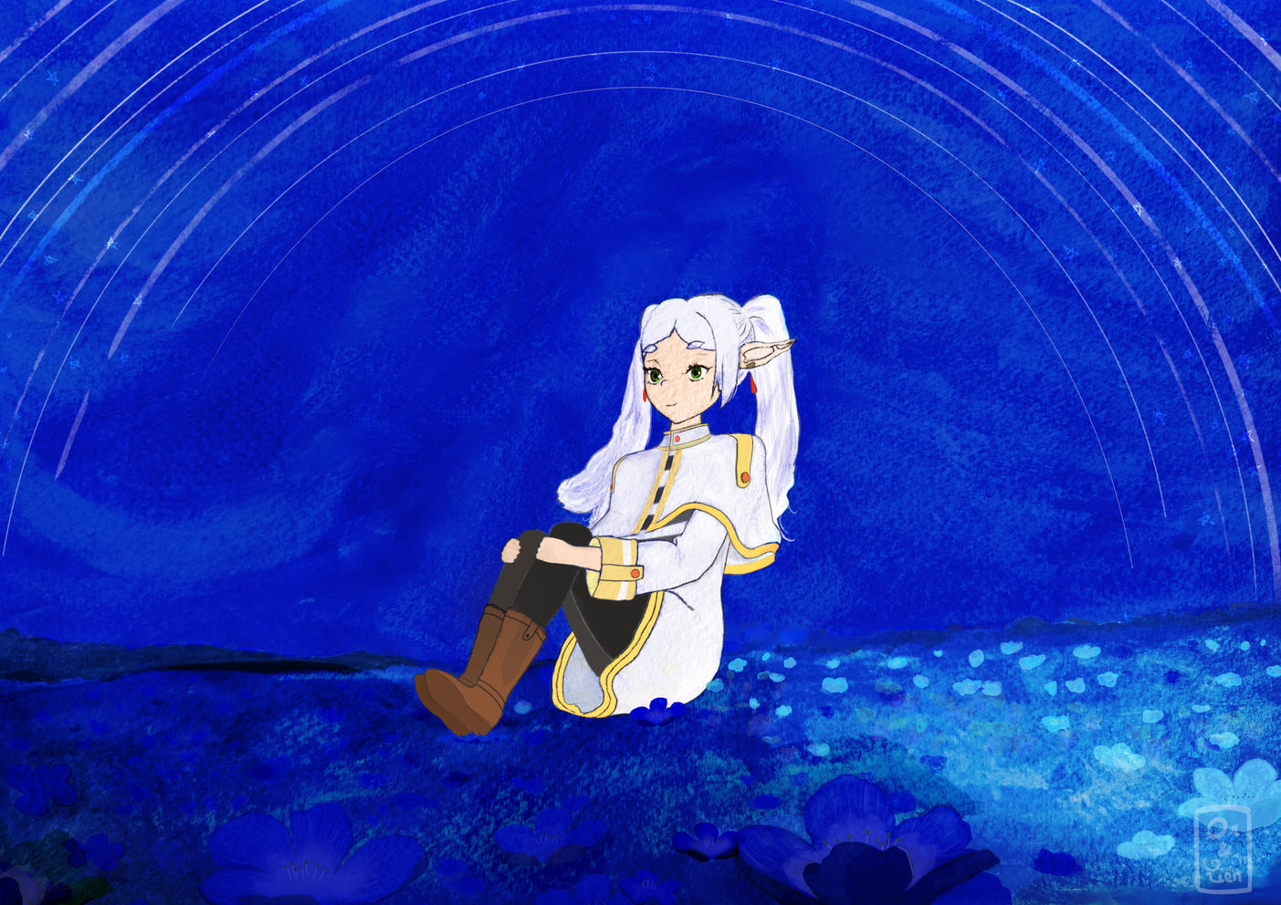 Frieren, frieren, personnage, nuit, étoiles, fleurs, illustration par Aurélien Bessonnet