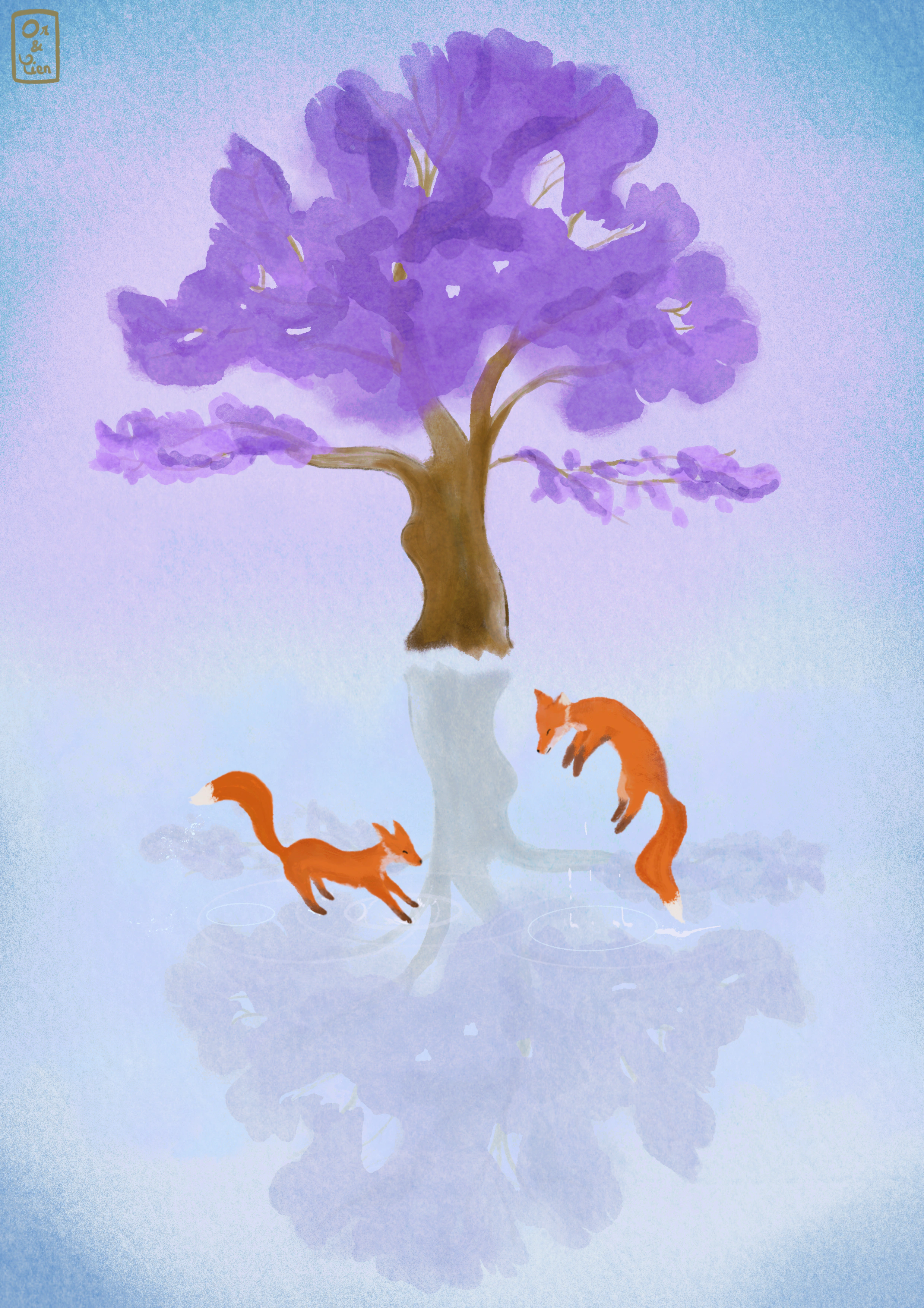 Illustration arbre, renard jouant sur le sol aqueux, ambiance fraiche et lumineuse.