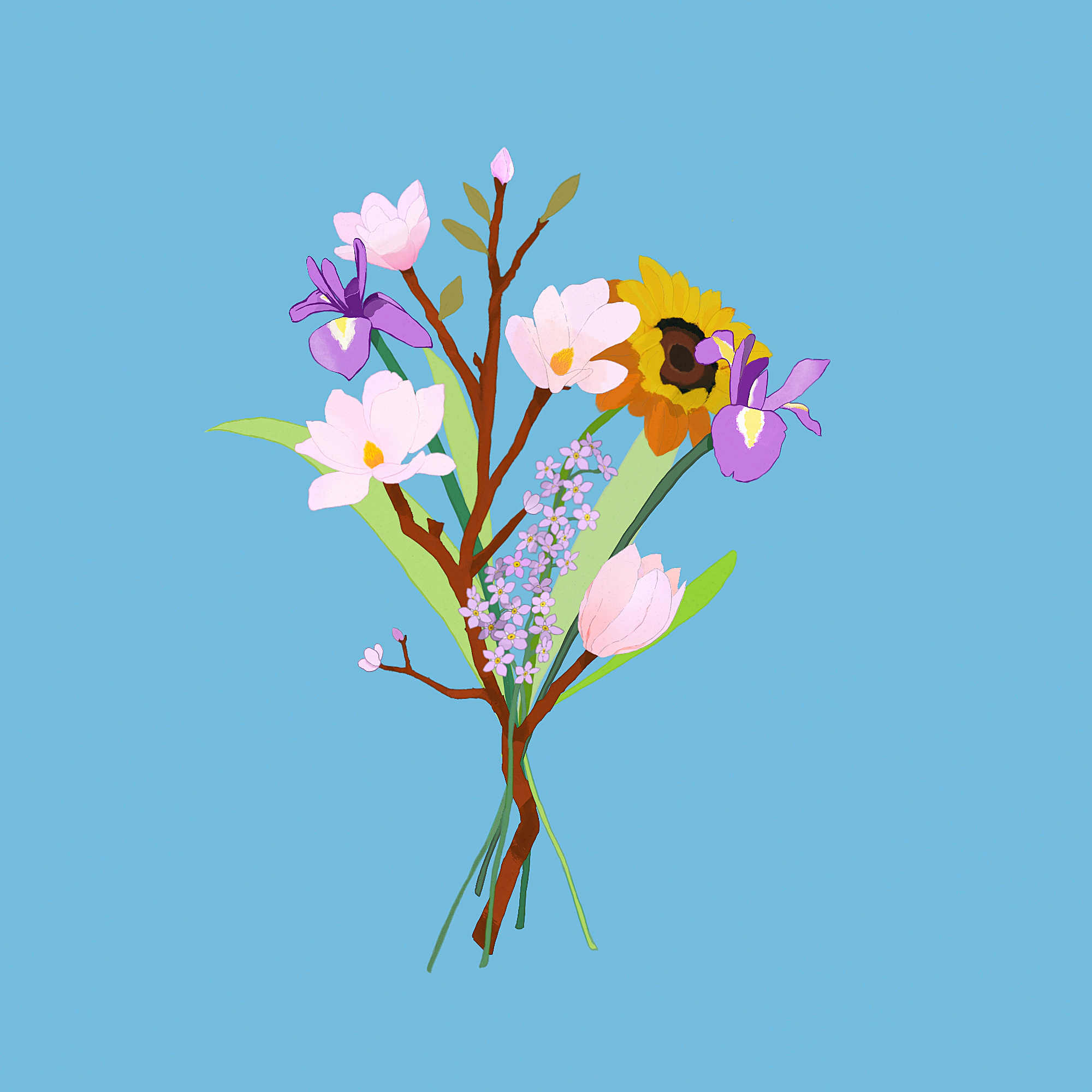 Illustration florale représentant iris, magnolia et tournesol.