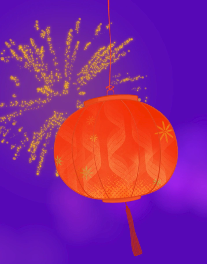 Vidéo animée d'une lanterne flottante et feux d'artifice dans un environnement nocturne.