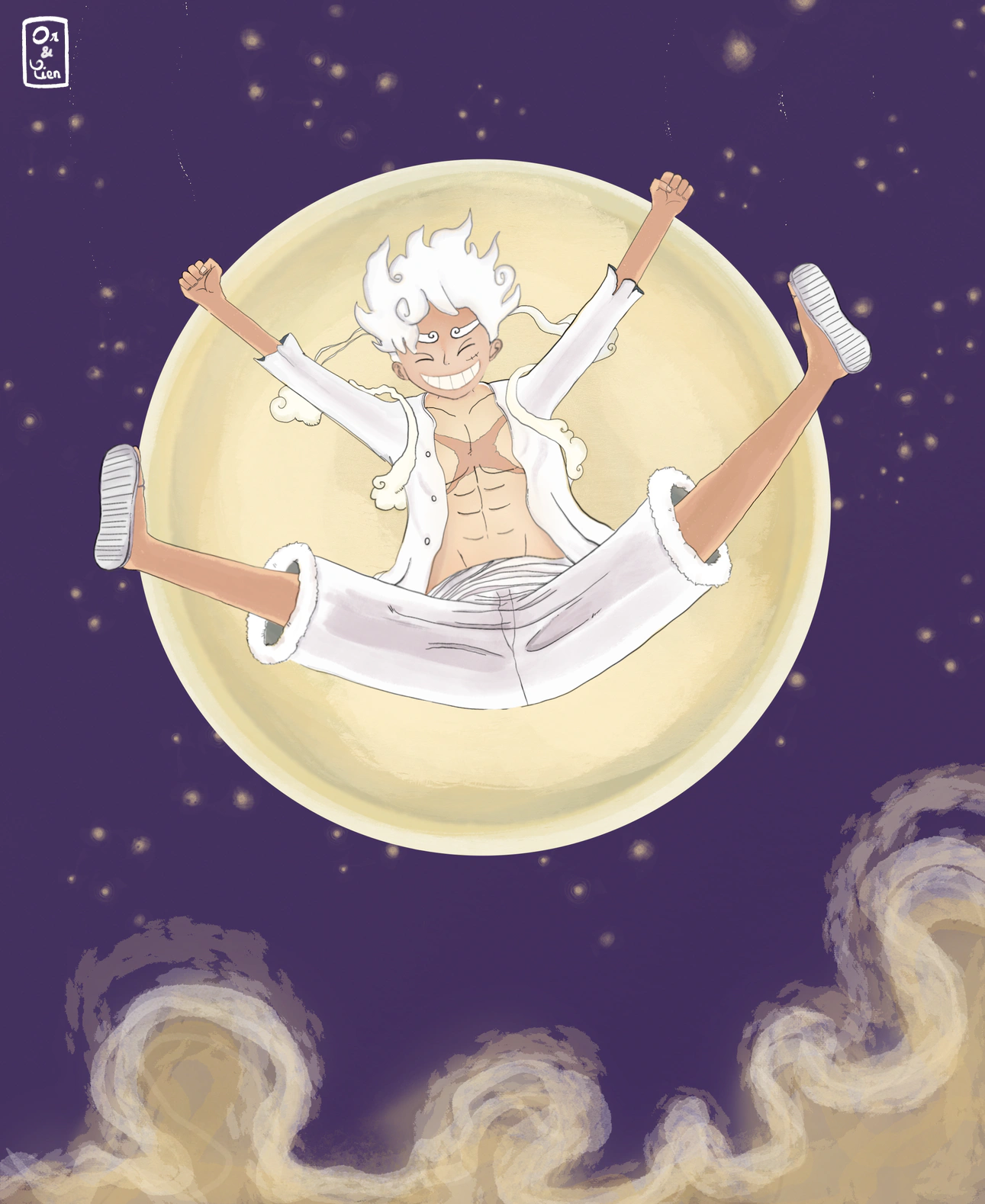 Luffy Gear 5 en tenue blanche bras levés devant la lune dans un ciel étoilé, fan art One Piece style anime.