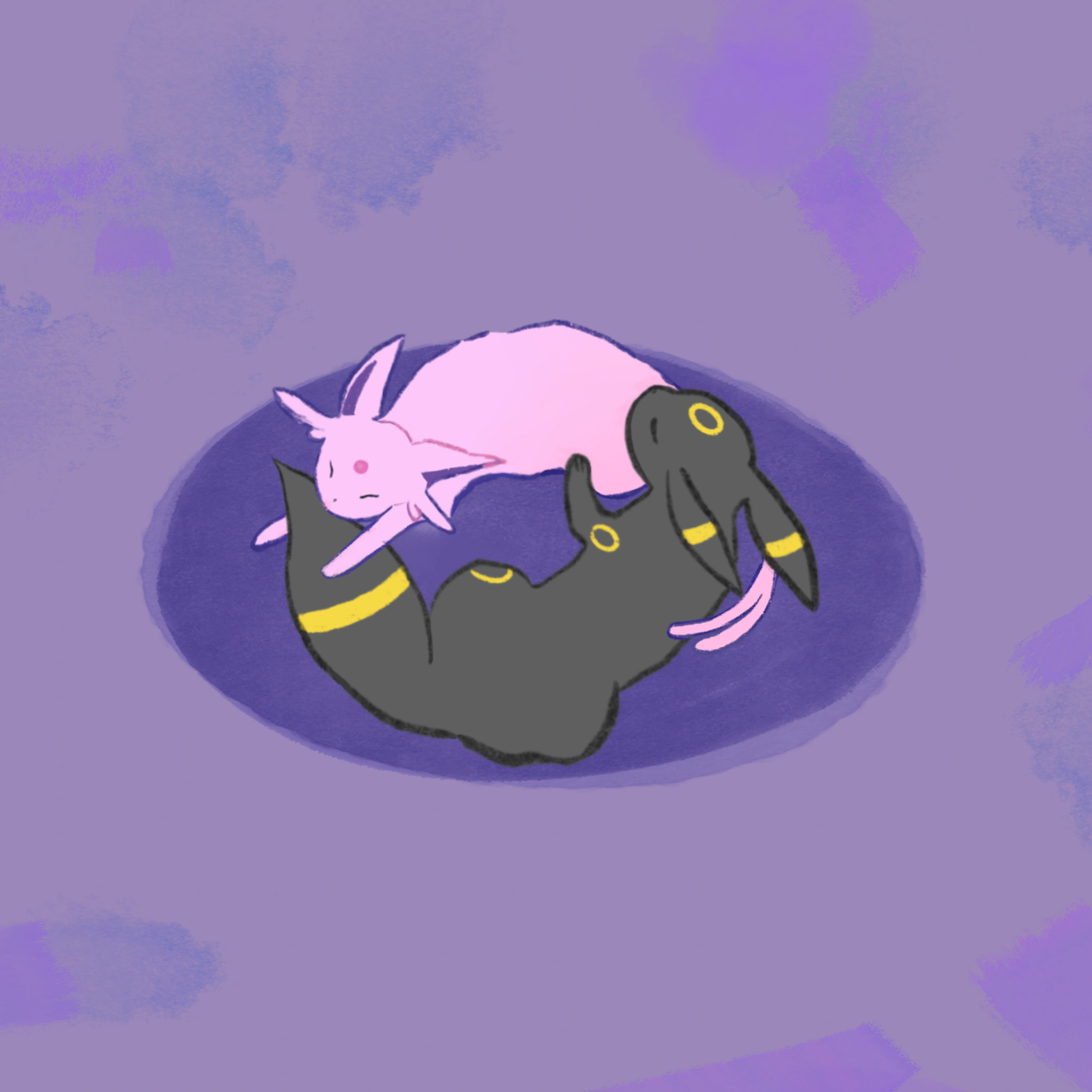 Pokémon Noctali et Mentali endormis côte à côte.