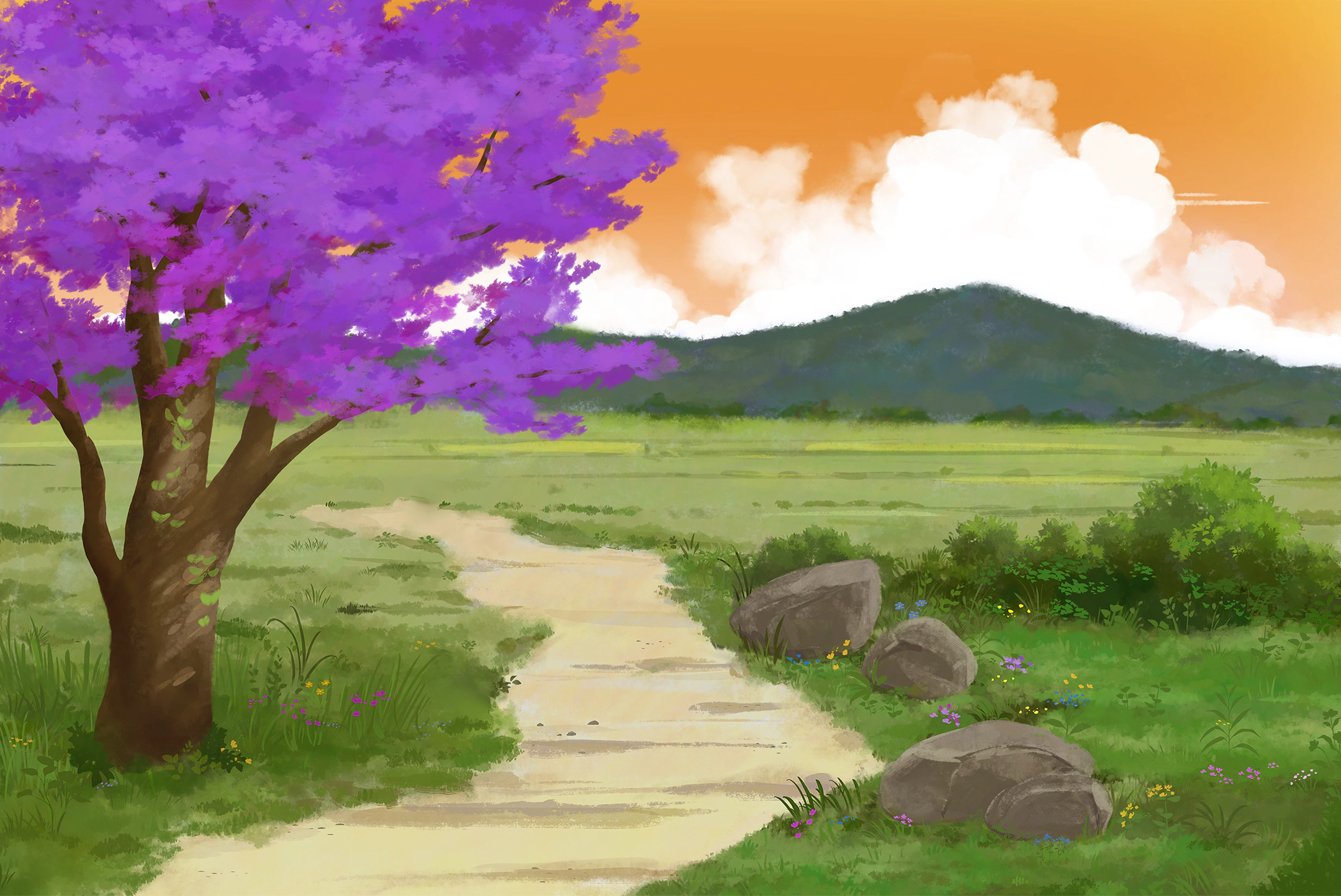 Paysage au ciel orangé, arbre majestueux et prairie verdoyante.