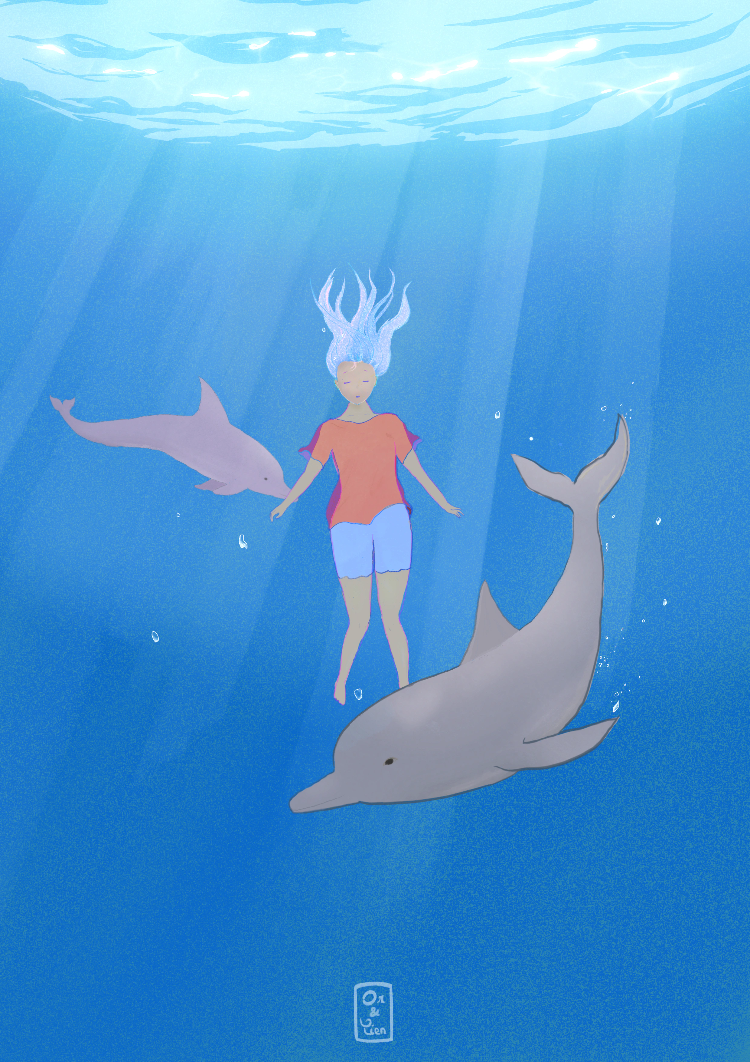 Une jeune fille aux cheveux bleus flotte sous l'eau, entourée de deux dauphins dans des rayons lumineux, illustration digitale.