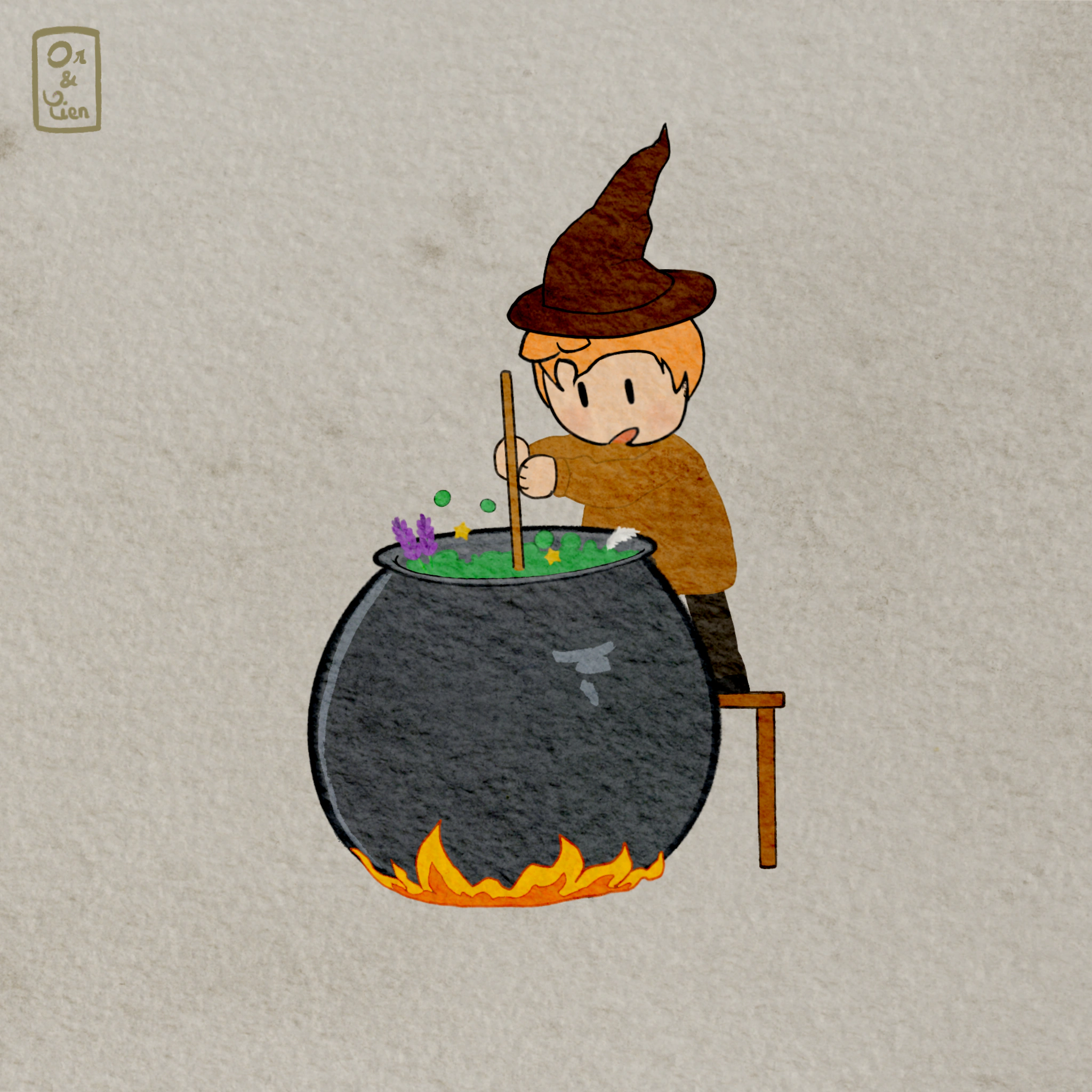 Illustration d'un sorcier avec un chaudron magique, aquarelle.