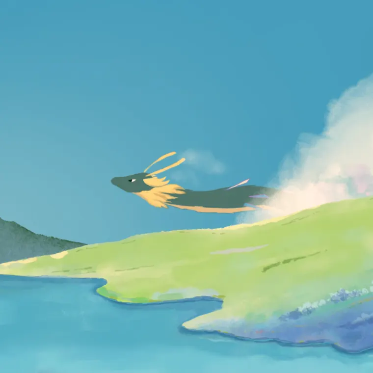 Paysage style ghibli, dragon qui s'envole, prairie et nuages avec un ciel turquoise.