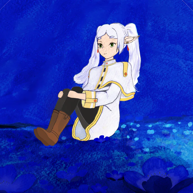 Illustration de Frieren, une mage, dans un champs de fleurs bleues, la nuit, étoiles scintillantes.