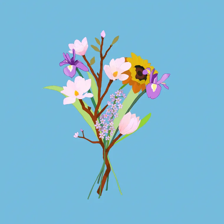 Illustration florale représentant iris, magnolia et tournesol.
