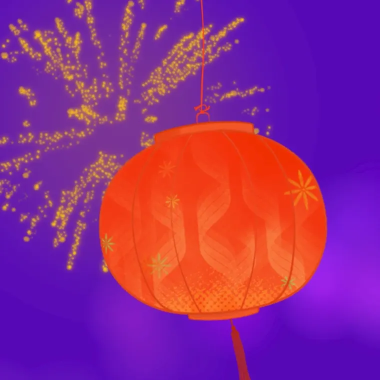 Vidéo animée d'une lanterne flottante et feux d'artifice dans un environnement nocturne.