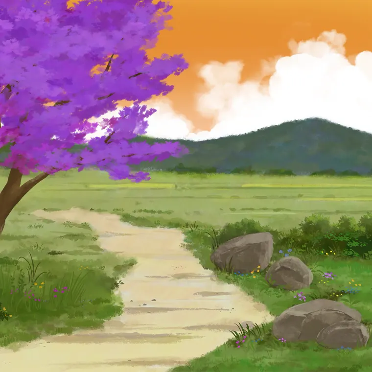 Paysage au ciel orangé, arbre majestueux et prairie verdoyante.