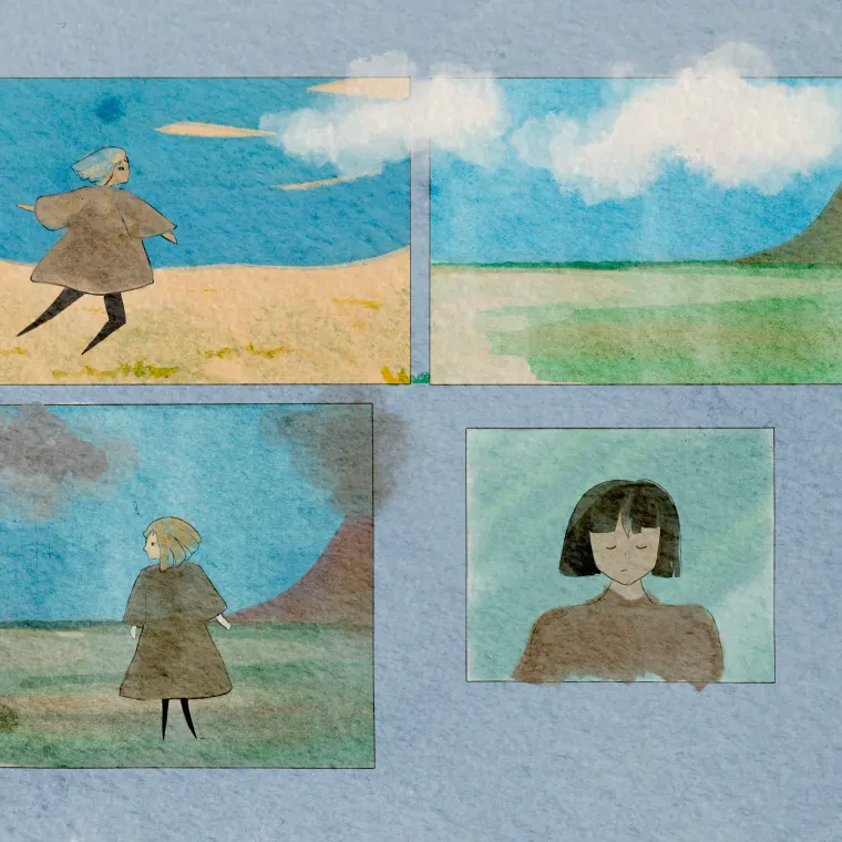 Planche de dessins style aquarelle, personnages, environnement naturel, volcan, nuages, utilisé pour une vidéo.