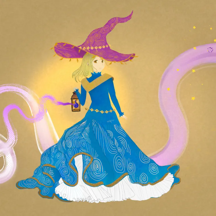 Illustration d'une sorcière style anime, lanterne à la main, portant un chapeau violet et une robe bleue. Magie rentrant dans la lanterne.