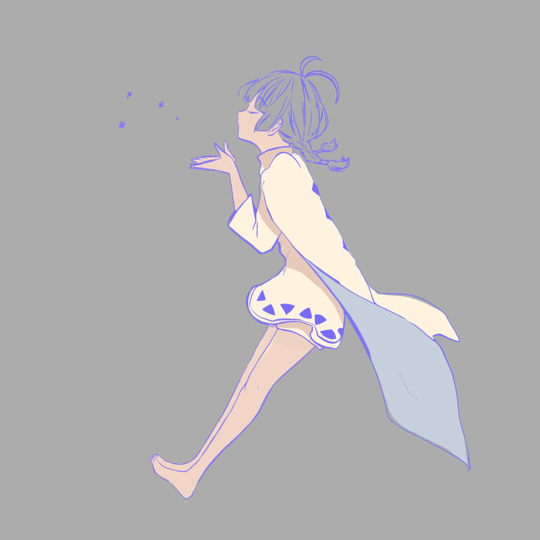 Illustration d'un personnage féminin, enfant du désert, soufflant sur des graines de pissenlit.